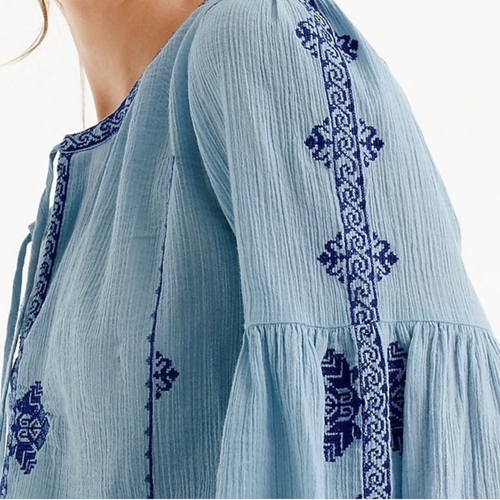 J.Crew Embroidered Blue Women's Boho Top, Size 2 - Picture 3 of 6